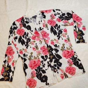 Bright white cardi with pink and black floral